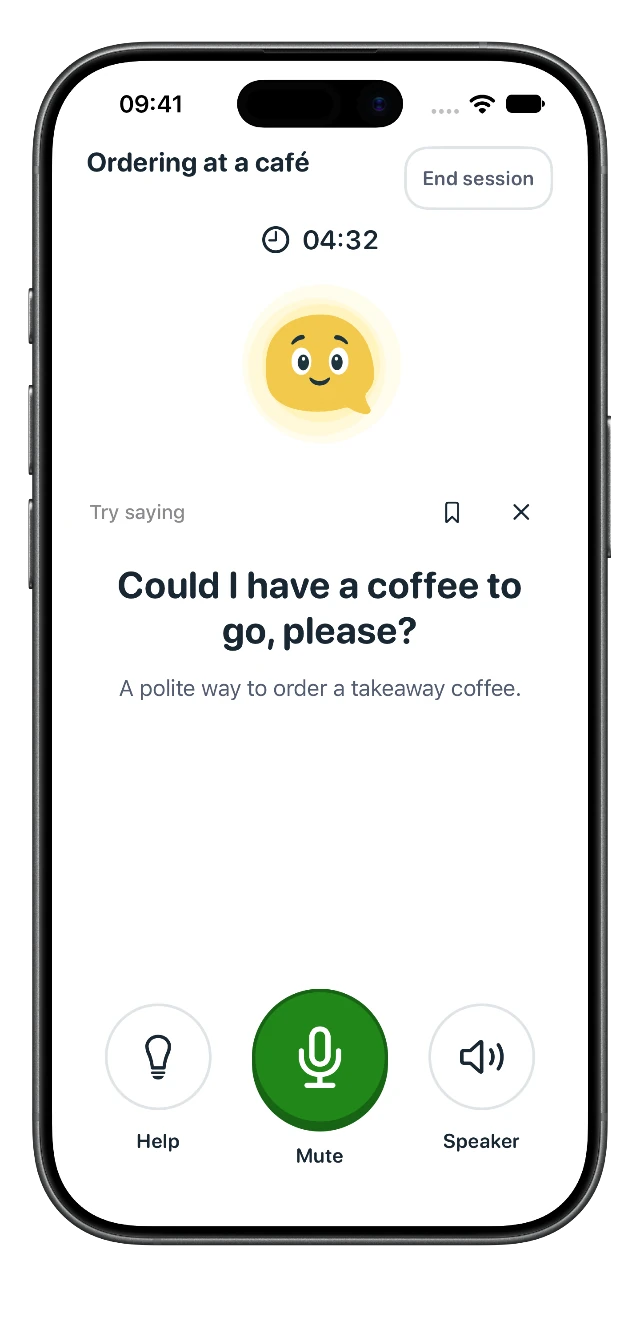 An active café conversation with your AI tutor and the example phrase: Could I have a coffee to go, please?